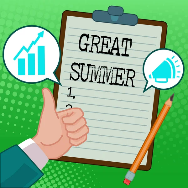 Inspiration showing sign Great Summer. Conceptual photo Having Fun Good Sunshine Going to the beach Enjoying outdoor Hands Thumbs Up Showing New Ideas. Palms Carrying Note Presenting Plans — Stok fotoğraf