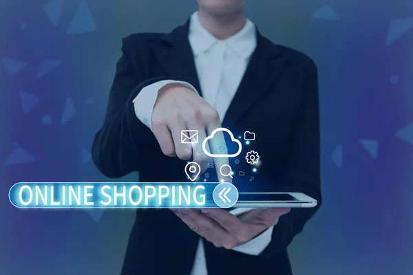 Conceptual display Online Shopping. Concept meaning allows consumers to buy their goods over the Internet Lady Pressing Screen Of Mobile Phone Showing The Futuristic Technology — Foto Stock