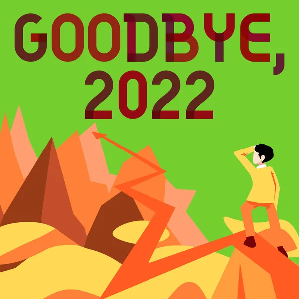 Handwriting text Goodbye 2022. Conceptual photo New Year Eve Milestone Last Month Celebration Transition Man watching horizon arrow pointing symbolizing future project success. — Photo