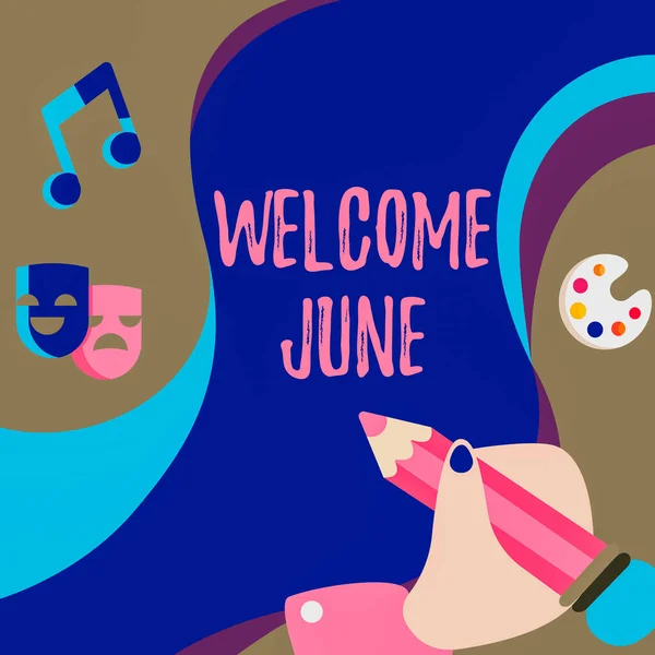 Sign displaying Welcome June. Word Written on Calendar Sixth Month Second Quarter Thirty days Greetings Hand Using Pencil Strategizing Newest Innovative Creative Goal Plans. — Stock Fotó
