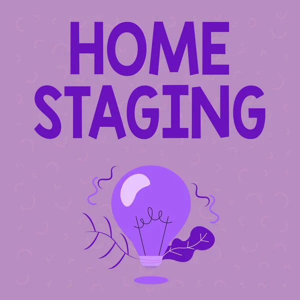 Textová značka ukazující Home Staging. Slovo Napsáno o zákoně o přípravě soukromé rezidence k prodeji na trhu Osvětlené žárovky Kreslicí rostliny Shell Zobrazovací technologie nápady. — Stock fotografie