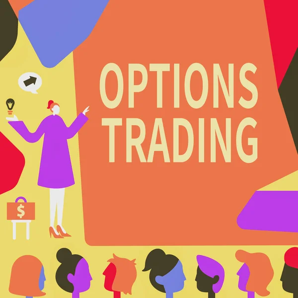 Text caption presenting Options Trading. Conceptual photo Different options to make goods or services spread worldwide Lady Pointing Backdrop Presenting Newest Successfull Financial Strategies. — 스톡 사진