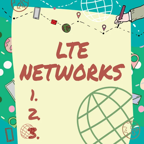 Conceptual caption Lte Networks. Concept meaning Fastest network connection available for wireless communication Plain Whiteboard With Hand Drawing Guide Line For Steps Over World Globe. — Stok fotoğraf