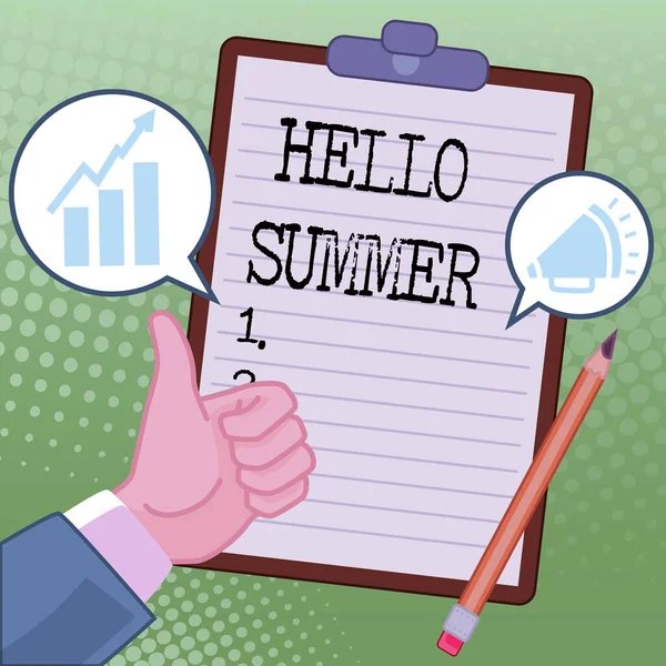 Inspiration showing sign Hello Summer. Business idea Welcoming the warmest season of the year comes after spring Hands Thumbs Up Showing New Ideas. Palms Carrying Note Presenting Plans — Stock Fotó