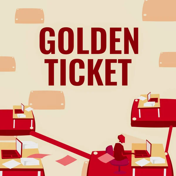 Handwriting text Golden Ticket. Word for Rain Check Access VIP Passport Box Office Seat Event Male office worker utilizing technology available office supplies. — Stock Fotó