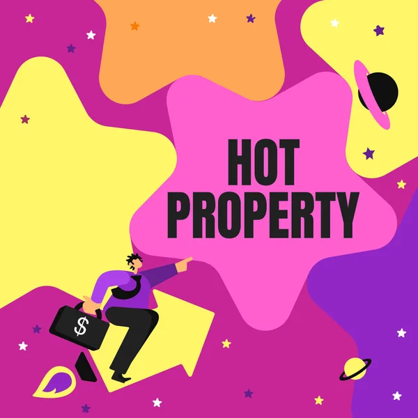 Концептуальный дисплей Hot Property. Слово для чего-то, что востребовано или является востребованным джентльменом, указывающим пальцем на звезду, представляющую финансовый успех. — стоковое фото