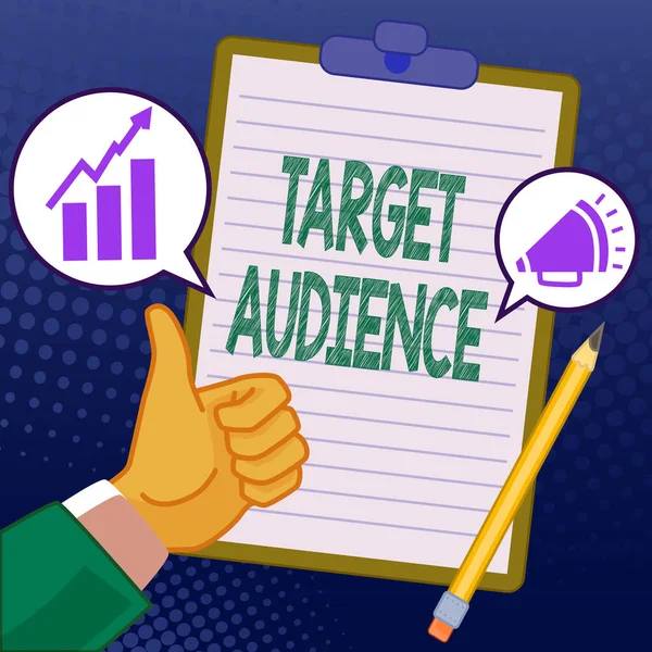 Text sign showing Target Audience. Word for category of showing you want to address your words to Hands Thumbs Up Showing New Ideas. Palms Carrying Note Presenting Plans — ストック写真