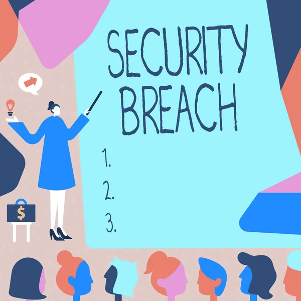 Handwriting text Security Breach. Business idea incident that results in unauthorized access of data Lady Pointing Backdrop Presenting Newest Successfull Financial Strategies. — Stock Photo, Image