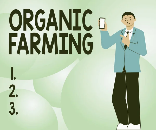 Handwriting text Organic Farming. Internet Concept an integrated farming system that strives for sustainability Hands Holding Flag Goals, Lamp Ideas Trophy Celebrating Success Graph Bars — ストック写真