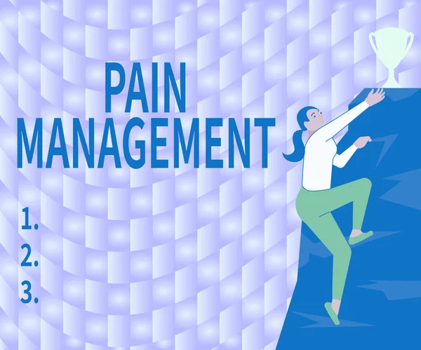 Text caption presenting Pain Management. Word Written on a branch of medicine employing an interdisciplinary approach Woman Climbing Mountain Reaching Trophy Representing Success. — Stock Photo, Image