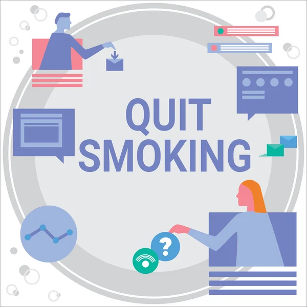 Sign displaying Quit Smoking. Word for Discontinuing or stopping the use of tobacco addiction Colleagues Having Online Meeting Discussing Future Project Plans. — Stock fotografie