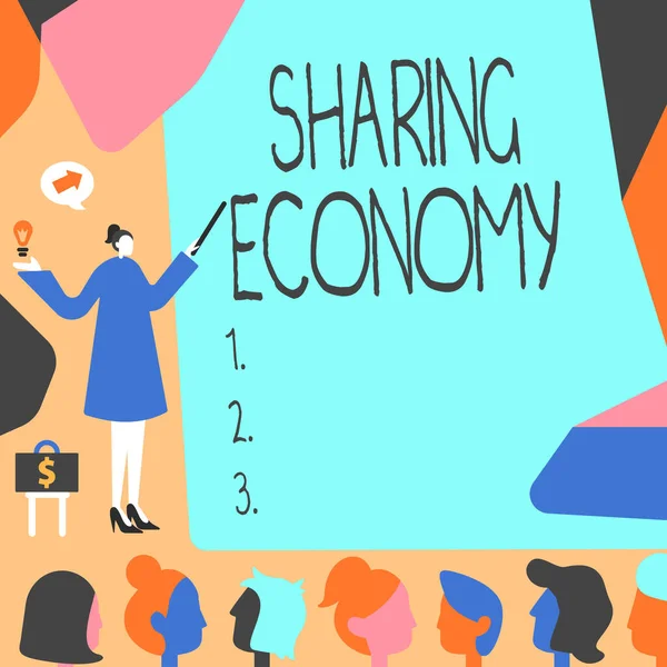 Conceptual caption Sharing Economy. Business overview economic model based on providing access to goods Lady Pointing Backdrop Presenting Newest Successfull Financial Strategies. — Foto de Stock