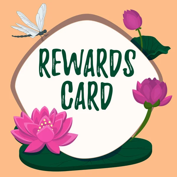 Sign displaying Rewards Card. Word Written on Help earn cash points miles from everyday purchase Incentives Frame decorated with colorful flowers and foliage arranged harmoniously. — Stok fotoğraf