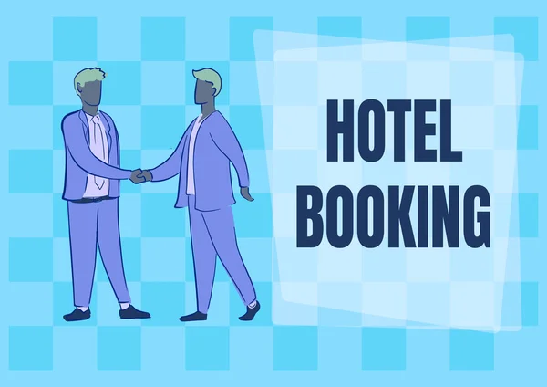 Szöveges felirat a Hotel Booking bemutatásáról. Üzleti megközelítés Online foglalás Elnöki lakosztály De Luxe Vendéglátás Két kolléga kezet rázva gratulál a sikeres csapatmunkához. — Stock Fotó