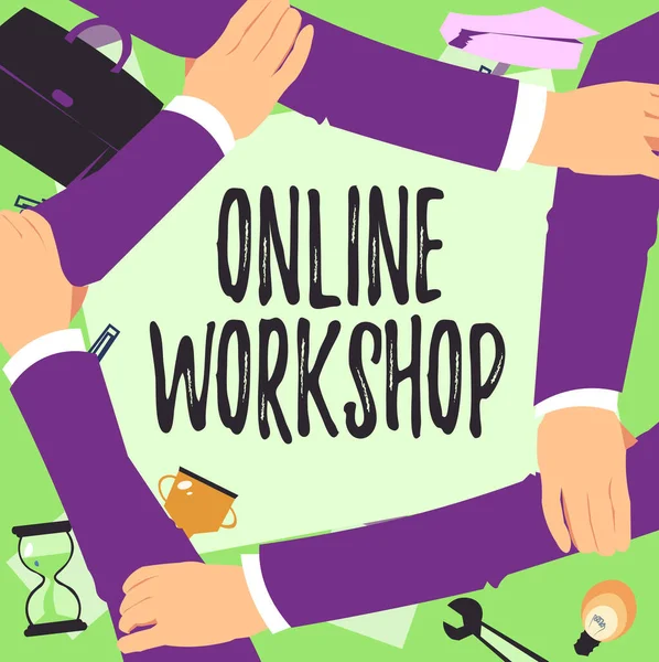 Sign displaying Online Workshop. Internet Concept shows of goods and commodities over the electronic websites Four Hands Drawing Holding Arm Together Showing Connection Symbol. — Foto Stock