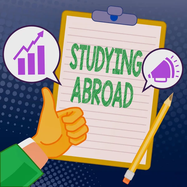 Text caption presenting Studying Abroad. Word for learn outside of home in foreign country Travelling Hands Thumbs Up Showing New Ideas. Palms Carrying Note Presenting Plans — Foto de Stock