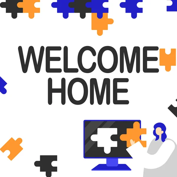 Conceptual display Welcome Home. Word for Expression Greetings New Owners Domicile Doormat Entry Lady Holding Puzzle Piece Representing Innovative Problem Solving Ideas. — Stockfoto