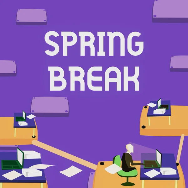 Writing displaying text Spring Break. Word for Vacation period at school and universities during spring Male office worker utilizing technology available office supplies. — Photo