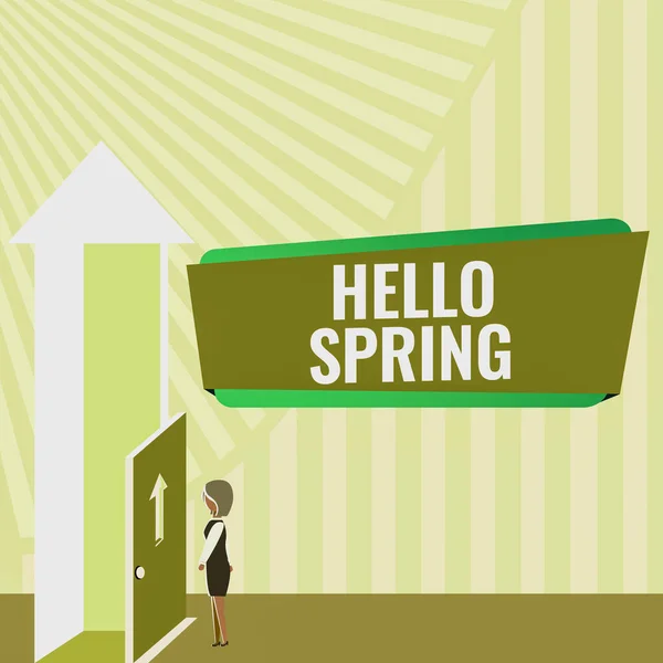 Концептуальная подпись Hello Spring. Деловой подход Приветствуя сезон после зимы Цветение цветов Леди, стоящая перед дверью Открывая новые возможности для успеха. — стоковое фото