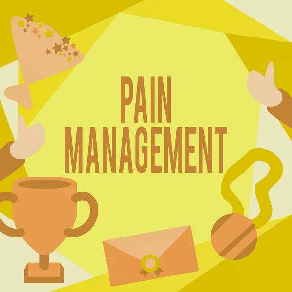 Sign displaying Pain Management. Business showcase a branch of medicine employing an interdisciplinary approach People Congratulating Success Presenting Earned Trophy Medals. — Stock Photo, Image
