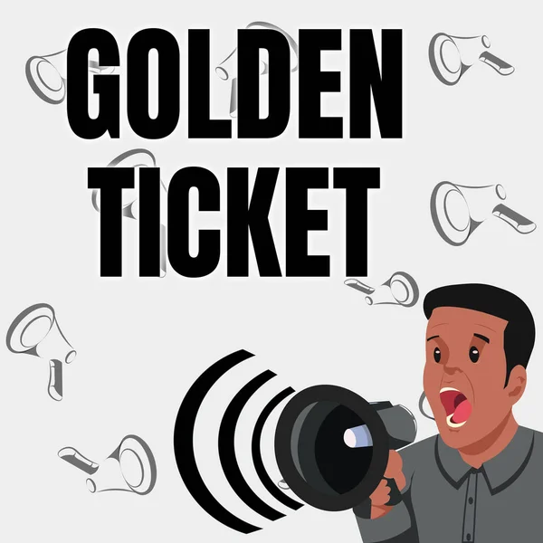 Writing displaying text Golden Ticket. Business approach Rain Check Access VIP Passport Box Office Seat Event Businessman Talking Through Megaphone Making Wonderful New Announcement —  Fotos de Stock