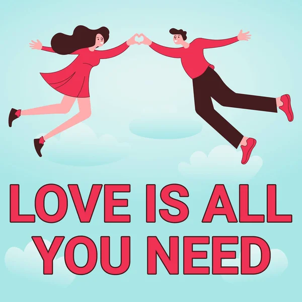 Handwriting text LOVE IS ALL YOU NEED. Internet Concept Lovely Valentines day greetings with hearts background Couple holding hands forming romantic heart representing love. — Zdjęcie stockowe