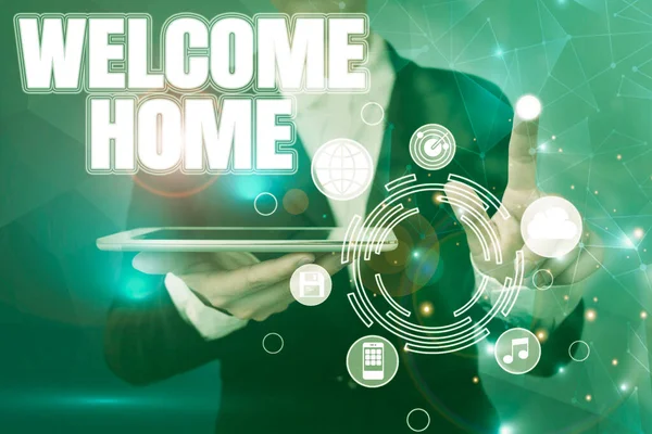 Sign displaying Welcome Home. Business idea Expression Greetings New Owners Domicile Doormat Entry Lady holding tablet symbolizing successful teamwork accomplishments. — Stockfoto