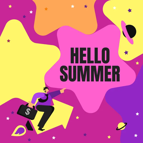 Fogalmi bemutató Hello Summer. Üzleti megközelítés Az év legmelegebb évszakát a tavasz után köszöntjük Úriember mutatóujjával A csillag képviseli a pénzügyi sikert. — Stock Fotó