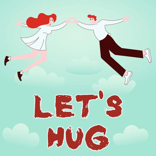 Handstilstext LETS HUG. Begreppet betyder Cuddle mellan två älskare Alla hjärtans dag par håller händer bildar romantiska hjärta representerar kärlek. — Stockfoto