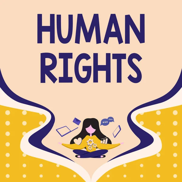 Text showing inspiration Human Rights. Business concept Moral Principles Standards Norms of a showing protected by Law Woman Surrounded With Technological Devices Presenting Future Advances. — Zdjęcie stockowe