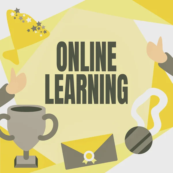Conceptual caption Online Learning. Business showcase Larning with the assistance of the Internet and a computer People Congratulating Success Presenting Earned Trophy Medals. — Zdjęcie stockowe