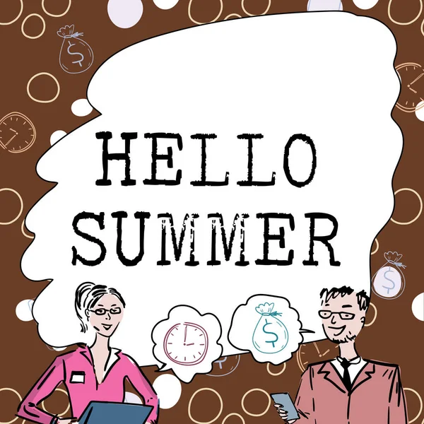 Inspiráló szöveg Hello Summer. Az év legmelegebb évszakának köszöntőjéről írt szó tavasz után érkezik A csapat tagjai megnézik a Whiteboard Brainstorming új megoldásait. — Stock Fotó