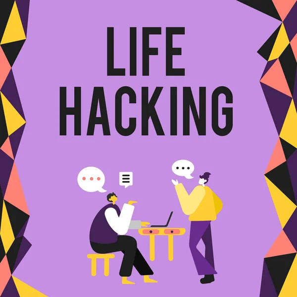 Legenda conceitual Life Hacking. Abordagem de negócios Técnicas simples e inteligentes na realização de tarefas facilmente Colegas Reunirem-se Discutindo Ideias de Melhoria de Projetos Futuros. — Fotografia de Stock