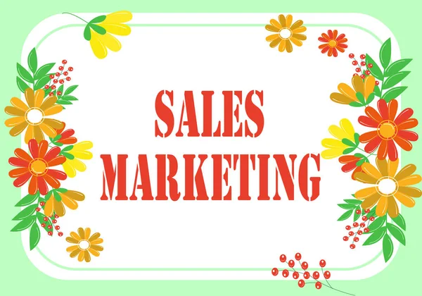 Értékesítési marketinget mutató szöveges jel. Üzleti kirakat bevezetése termék vagy szolgáltatás annak érdekében, hogy vásárolni keret díszített színes virágok és lombozat rendezett harmonikusan. — Stock Fotó