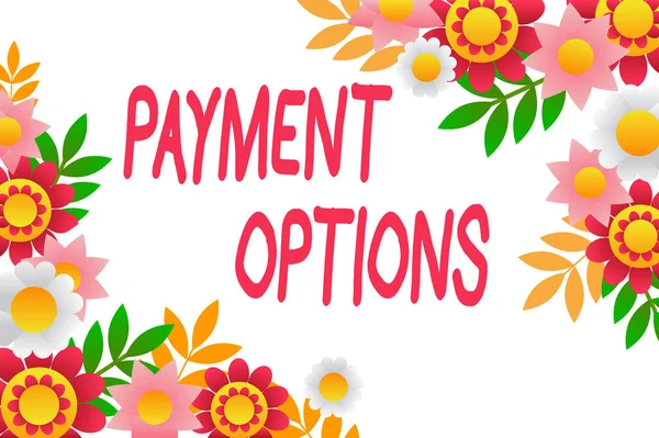 Conceptual display Payment Options. Business idea The way of chosen to compensate the seller of a service Frame Decorated With Colorful Flowers And Foliage Arranged Harmoniously. — Foto Stock