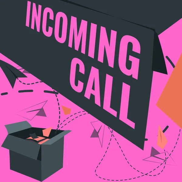 Conceptual display Incoming Call. Internet Concept Inbound Received Caller ID Telephone Voicemail Vidcall Open Box With Flying Paper Planes Presenting New Free Ideas — Photo