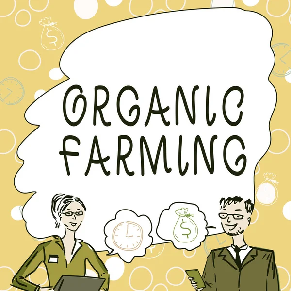 Hand writing sign Organic Farming. Business overview an integrated farming system that strives for sustainability Team Members Looking At Whiteboard Brainstorming New Solutions. — Stok fotoğraf