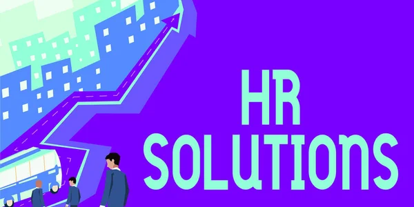 문어체 Hr Solutions 를 사용 한다. Business overview Outsourced Human resources Consultancy and support Experts 성공 과 성장을 위해 버스를 타고 가는 사업가 그룹. — 스톡 사진