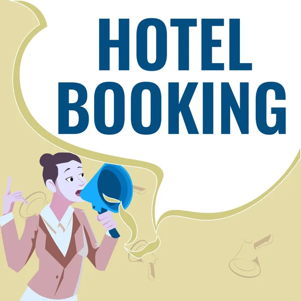 Conceptuele bijschrift Hotel Booking. Zakelijke aanpak Online Reserveringen Presidentiële Suite De Luxe Hospitality Vrouwelijke leider in megafoon met bemoedigende ideeën. — Stockfoto