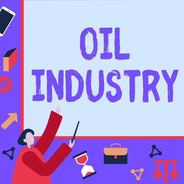Text sign showing Oil Industry. Word Written on Exploration Extraction Refining Marketing petroleum products Businessman Pointing Fingerpresentation Board Representing Planning Projects. — Foto Stock