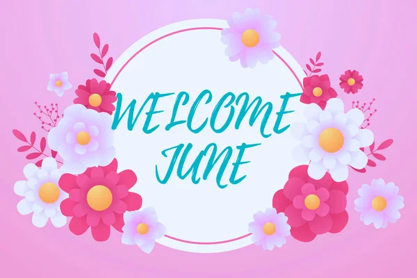 Szöveg megjelenítése Üdvözöljük June. Szó naptár hatodik hónap második negyedév Harminc nap Üdvözlet keret díszített színes virágok és lombozat rendezett harmonikusan. — Stock Fotó