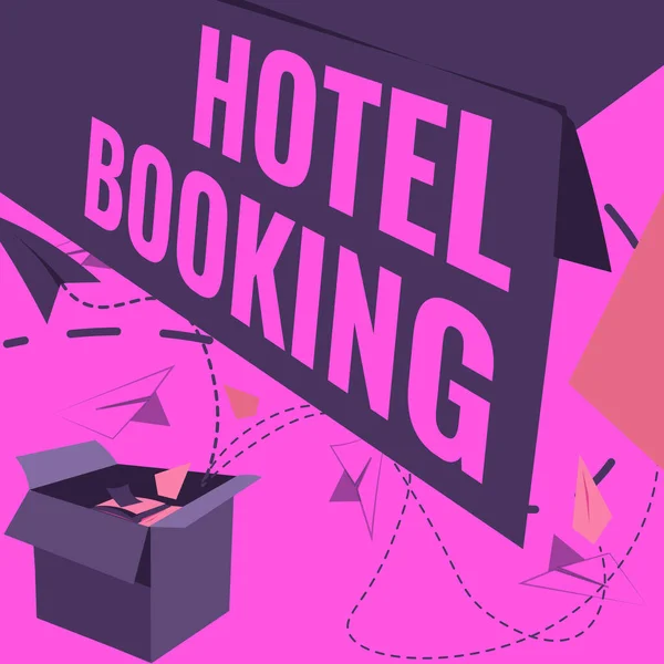 Szöveges tábla a Hotel Booking-ról. Koncepció jelentése Online foglalás Elnöki lakosztály De Luxe Vendéglátás Nyitott doboz Repülő Papírrepülők Bemutatása Új ingyenes ötletek — Stock Fotó