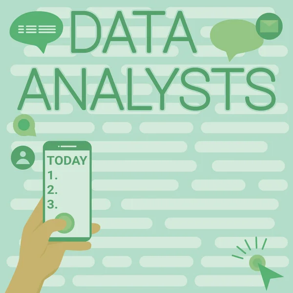 Text showing inspiration Data Analysts. Business showcase Programmer Design and Create Report Identifies patterns Hands Holding Technological Device Pressing Application Button. — Stock Fotó