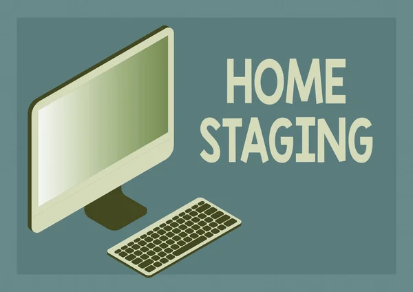 Writing displaying text Home Staging. Business idea Act of preparing a private residence for sale in the market Monitor with keyboard symbolizing online connection between colleagues. —  Fotos de Stock