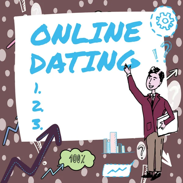 Text showing inspiration Online Dating. Business concept Searching Matching Relationships eDating Video Chatting Gentleman Drawing Standing Pointing Finger In Blank Whiteboard. — Foto Stock