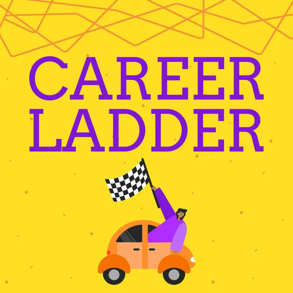 Text showing inspiration Career Ladder. Concept meaning Job Promotion Professional Progress Upward Mobility Achiever Businessman Waving Banner From Vehicle Racing Towards Successful Future. — Foto de Stock