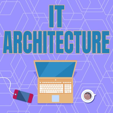 Handwriting text It Architecture. Business showcase Architecture is applied to the process of overall structure Laptop Resting On A Table Beside Coffee Mug And Plant Showing Work Process.