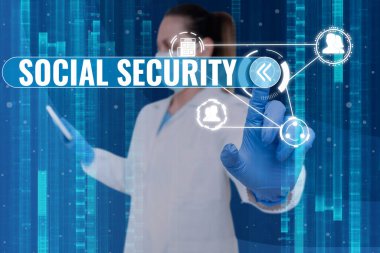 Sosyal Güvenlik 'i gösteren imza. Devletin yetersiz ya da gelirsiz yardımının kavramı. Üniformalı hemşire yukarıyı göstererek küresel yenilikçi düşünceyi temsil ediyor..