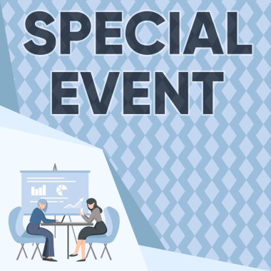 Conceptual display Special Event. Concept meaning Function to generate money for non profit a Crowded Occassion Colleagues Sitting On Desk With Laptop Papers Showing Graphs Conversation
