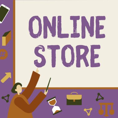 Çevrimiçi Dükkan 'ı gösteren metin işareti. İş dünyası tanıtım A web sitesi satılık öğeler sunuyor ve kredi kartı kabul ediyor İşadamı Parmak Gösterme Kurulu Planlama Projeleri Temsilcisi.